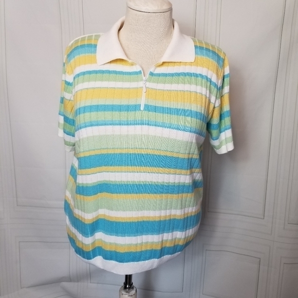 Alfred Dunner SZ 2X Sweater VTG Pastel Yellow Blue Green Striped Short Sleeve - Picture 3 of 7